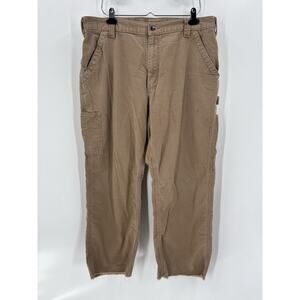 Carhartt Canvas Work Dungaree Pants Mens 38x30 Brown Raw Hem Pockets Utility